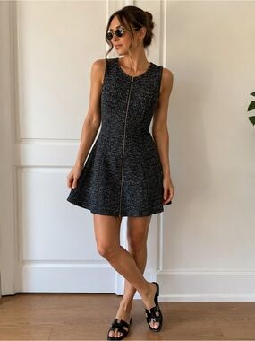 Ann Taylor Black Tweed Zip-Front Fit & Flare Mini Dress